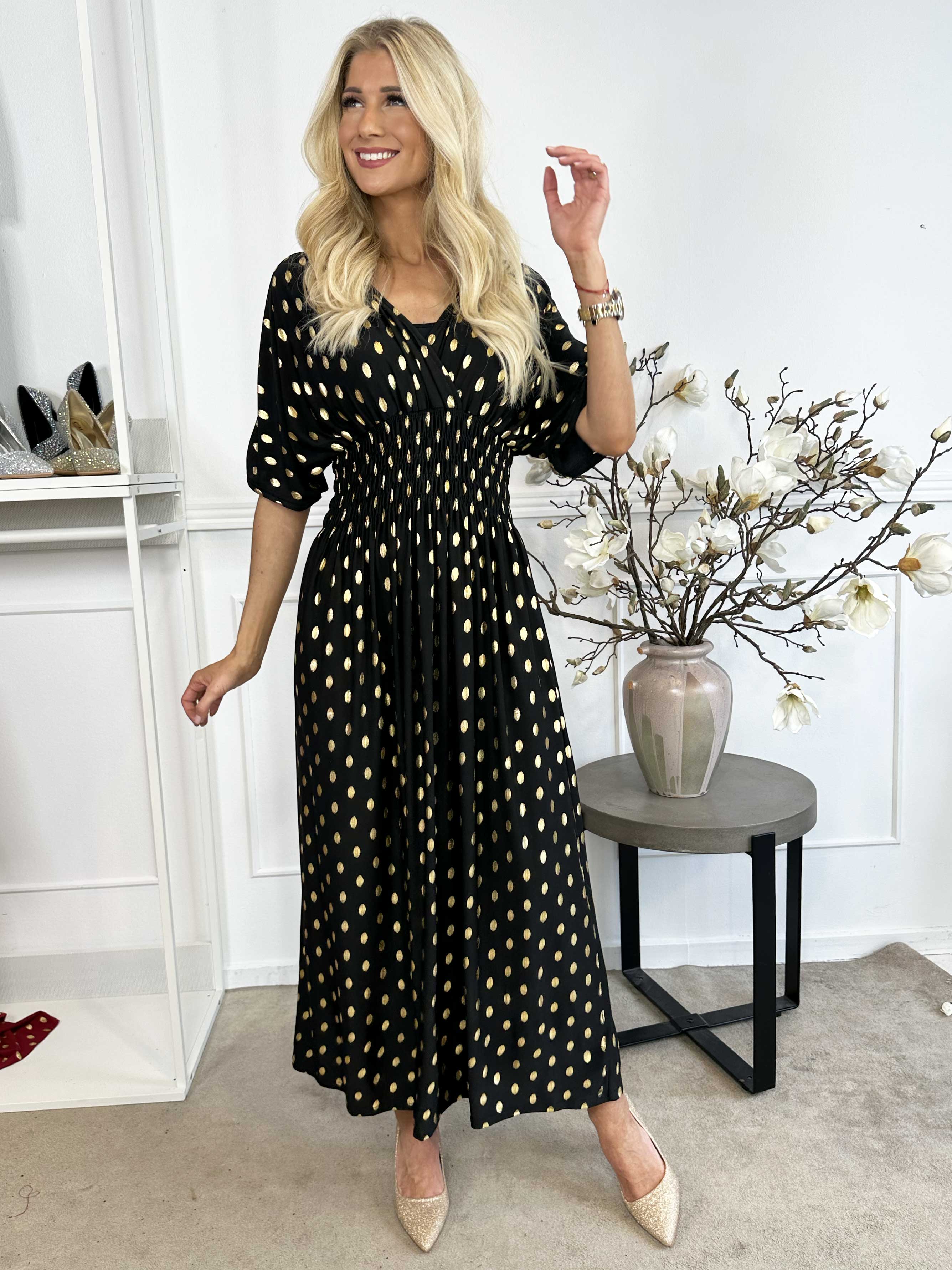 Pams Dot - Lang elastisk kjole med prikket detaljer